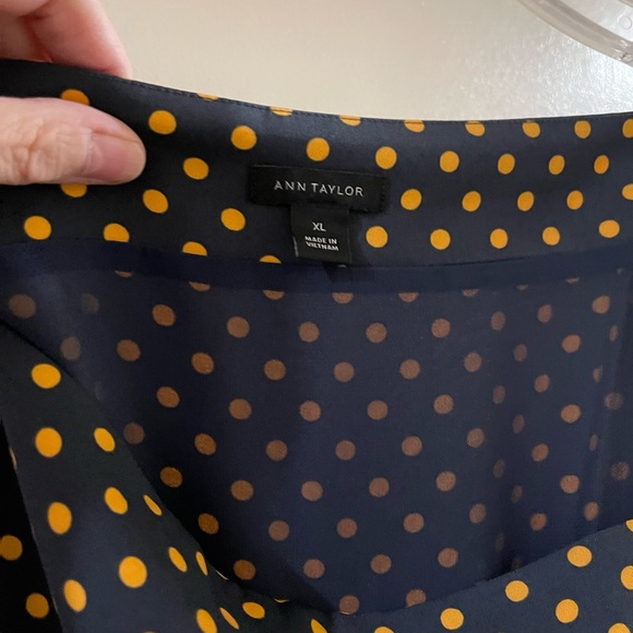 Ann Taylor flutter sleeve blouse. Navy with gold polka dots. Lined in navy. XL - Picture 2 of 4